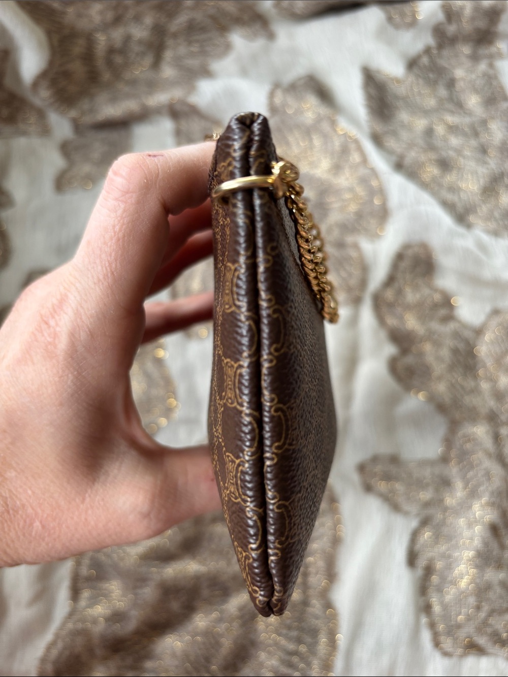 Celine Brown Logo-Print Leather Wristlet w/ Gold Tone Chain & Clover Charm - Picture 14 of 15